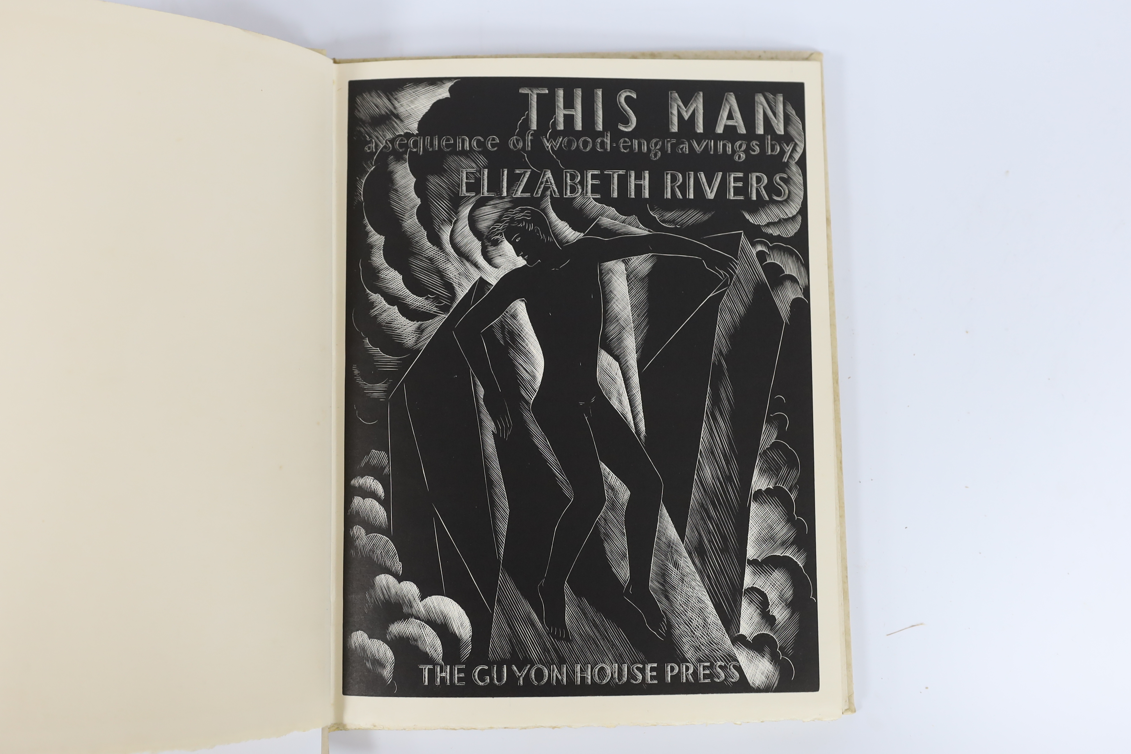 Rivers, Elizabeth - This Man: A Sequence of Wood-Engravings, number 89 of 200 on Corinthian Fine Text paper, 4to, original parchment, with pictorial cover 24 black and white plates, printed and bound by Theodore Besterma